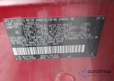 2014 Toyota Rav4 Le z USA, uszkodzony, nr VIN 2T3BFREV0EW174900